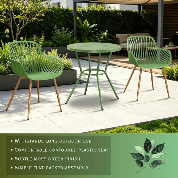 Core Products 3 Piece Bistro Garden Set, Pair Of Sunray Armchairs & Round Plastic Table, Moss Green With Wood Effect Legs