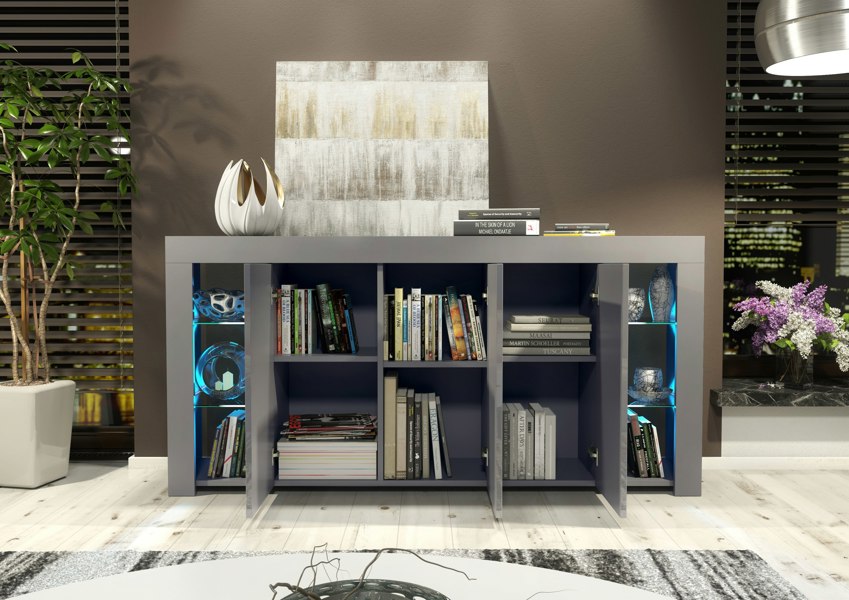 Mex Furniture Exclusive 164cm Cabinet Cupboard Sideboard TV Unit High Gloss Grey Doors & Free LED