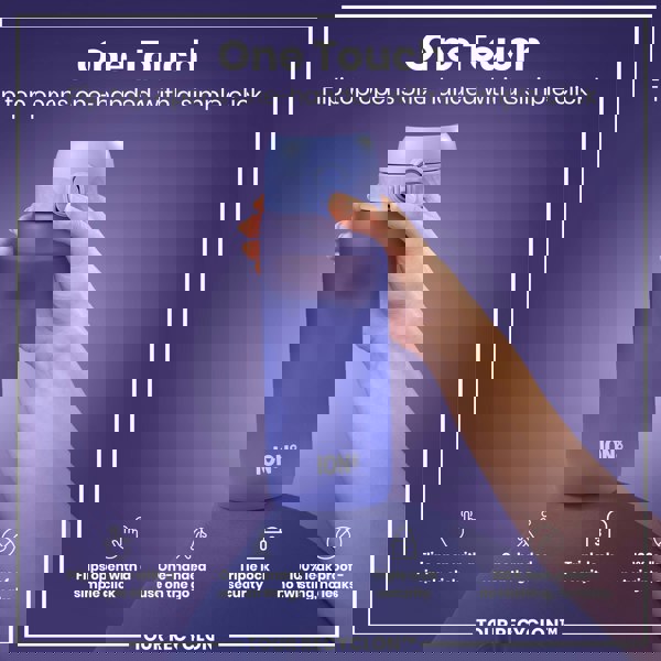 A purple water bottle is being held; its flip top opens with one hand. The bottle features the brand "ION8" and is marketed as "One Touch" with triple lock security and a 100% leak-proof design. TOUR RECYCLON™ is also mentioned.