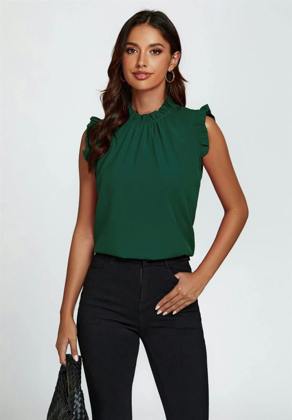 FS Collection Frill Trim Sleeve Frill Neck Blouse Top In Dark Green