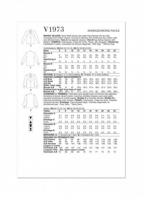 Vogue Sewing Pattern 1973, Tops for Women, H5 (6-8-10-12-14) - Intermediate
