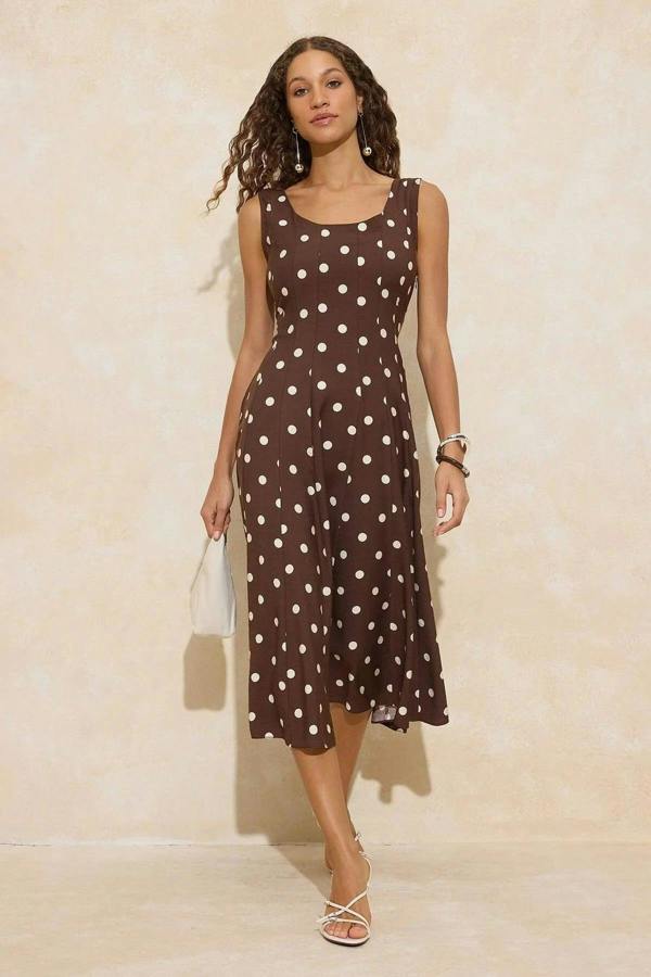 WOVCOR Polka Dot Tie Detail Midi Woven Dress