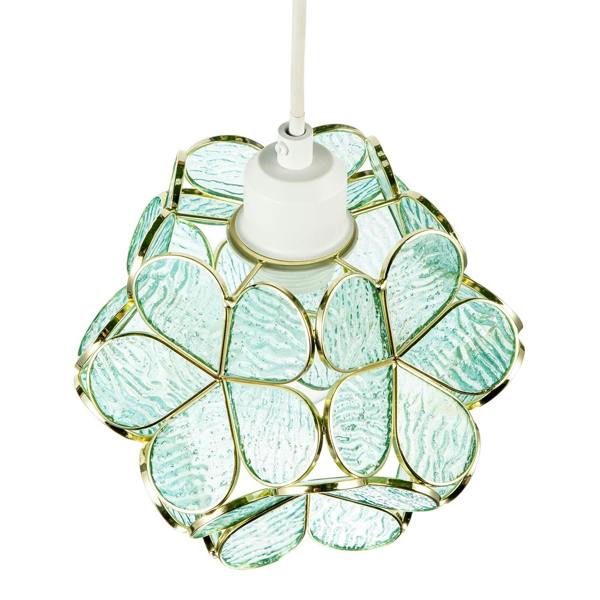 Floral Petal Pendant Light Shade with Teal Glass and Shiny Gold Frame Image 3