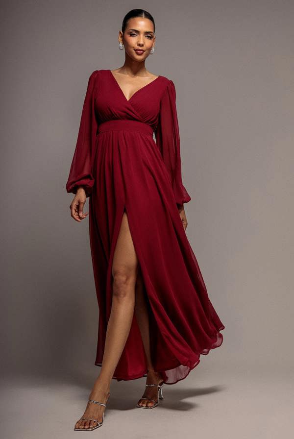 Wrap Back With Front Slit Chiffon Maxi Dress - Berry DR2800