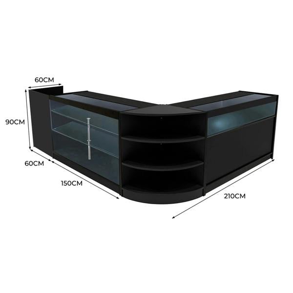 Black Hyperion LED shop counter set featuring sleek design, glass shelves, and dimensions of 210cm x 150cm x 90cm