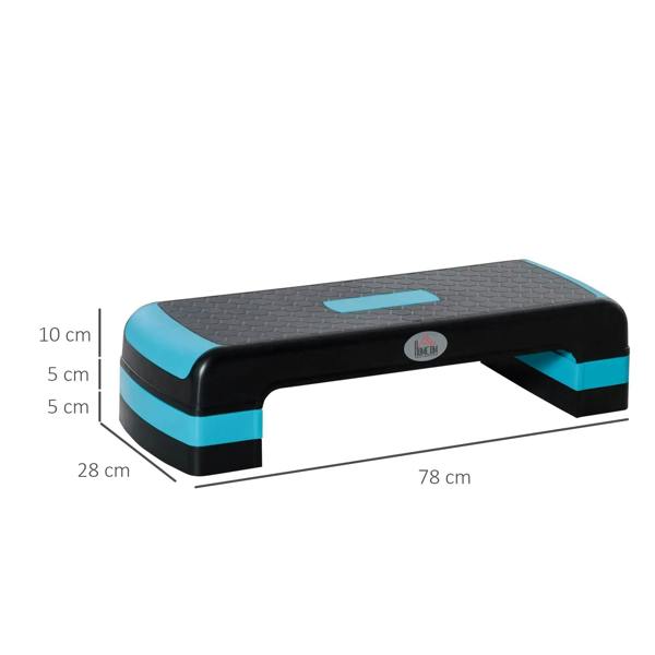 Aerobic step platform with black frame and blue trim, showing overall size