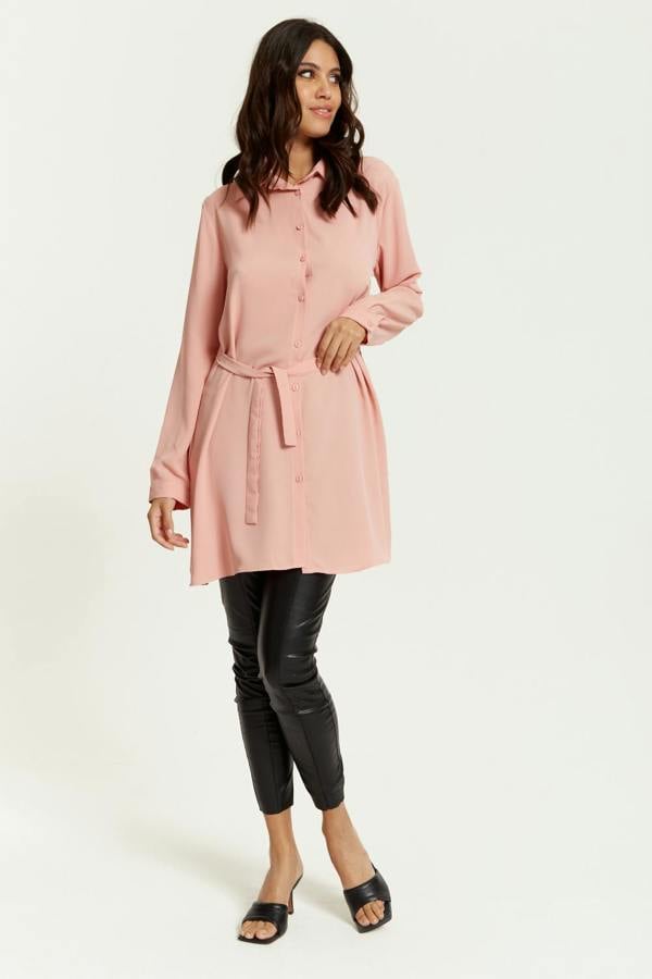Hoxton Gal Oversized Belt Detailed Shirt Tunic with Long Sleeves in Pink