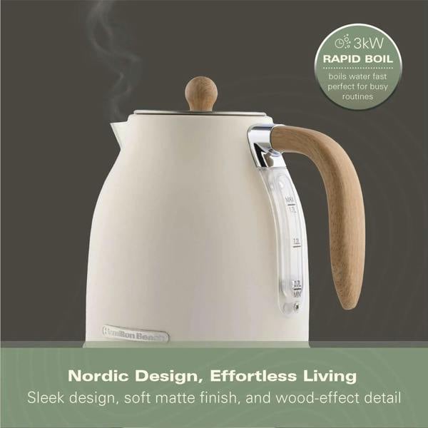 Hamilton Beach Scandi 1.7L Jug Kettle - Matte Cream with Wood Effect