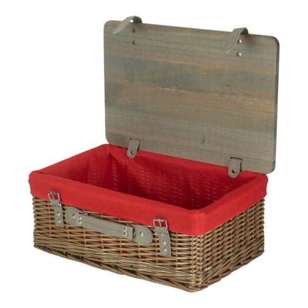 Antique Wash Red Lined Willow Picnic Basket with Pinewood Lid
