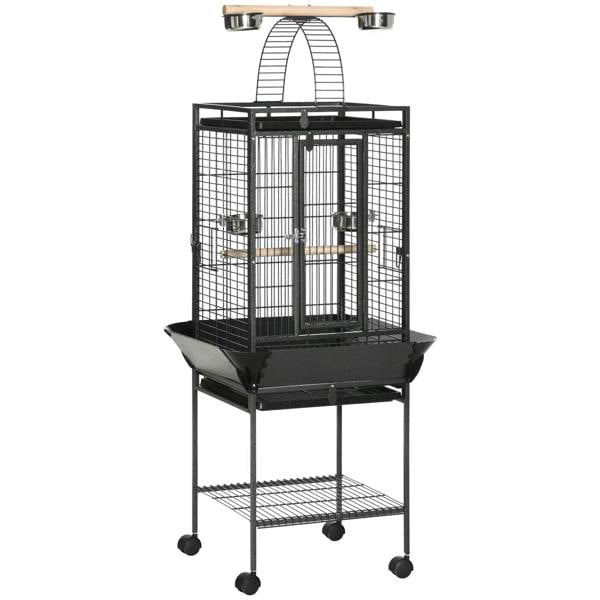 Large dark grey bird cage with open play top, perch, seed guard, and rolling wheels