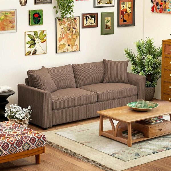 Bobobiy Modern 3 Seater Sofa with Spring Cushion, 212 cm Fabric Jumbo Cord Sofa Couch with 2 Scatter Cushions, Upholstered Corduroy Settee, Coffee