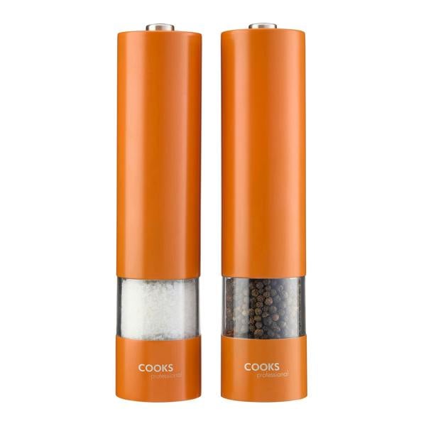 Cooks Professional Electric Salt and Pepper Mill Set with Bamboo Base | Orange