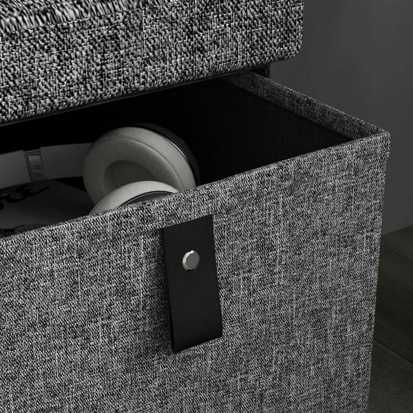 Dark grey fabric drawer front with black handle pull; top seat open