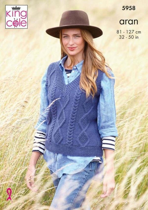 King Cole Wool Aran Knitting Pattern 5958, Slipovers for Women, 32 - 50 Inches