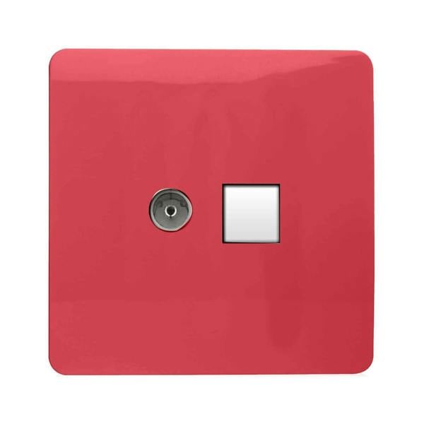 Trendi Switch 2 Gang Female TV Co-Axial & RJ45 Cat 5e PC Ethernet Sockets in Strawberry Red