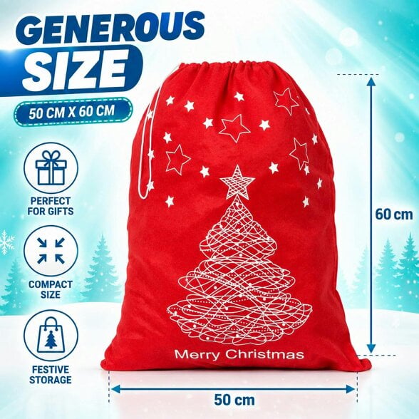 Shatchi 60cm x 45cm Red Merry Christmas Santa Sack with Festive Print for Gifts and Dressing Up