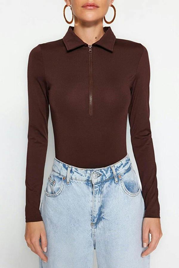 WOVCOR Zipper Collar Detailed Knit Bodysuit