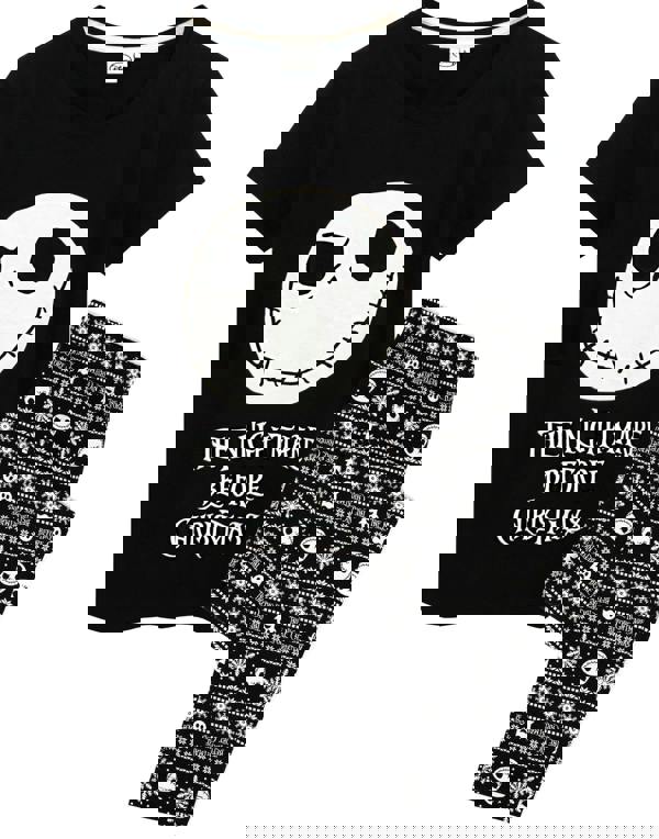 Disney The Nightmare Before Christmas Womens Black Jack Skellington Placement & All-Over Print Short Sleeve Long Leg Pyjama Set