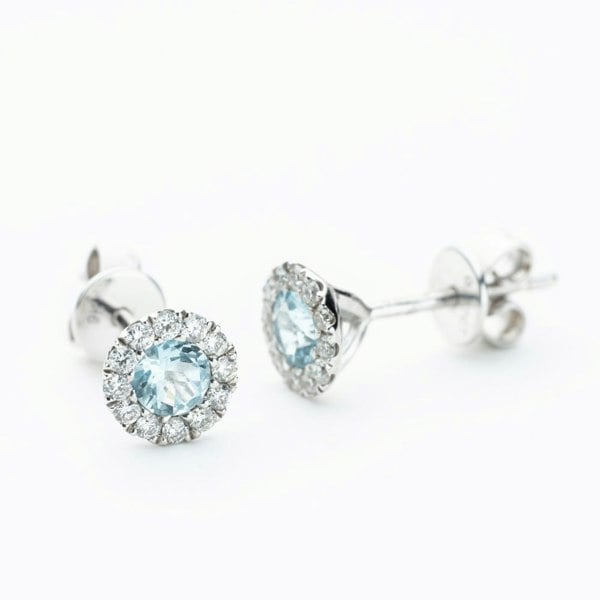 T. H. Baker 9ct White Gold Aquamarine & Diamond Cluster Stud Earrings NTE409AQD-9WG