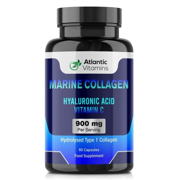 Atlantic Vitamins Marine Collagen 900 mg - High Strength 90 Collagen Caps with Hyaluronic Acid, Vitamin C - Type 1 Hydrolysed Collagen for Women & Men