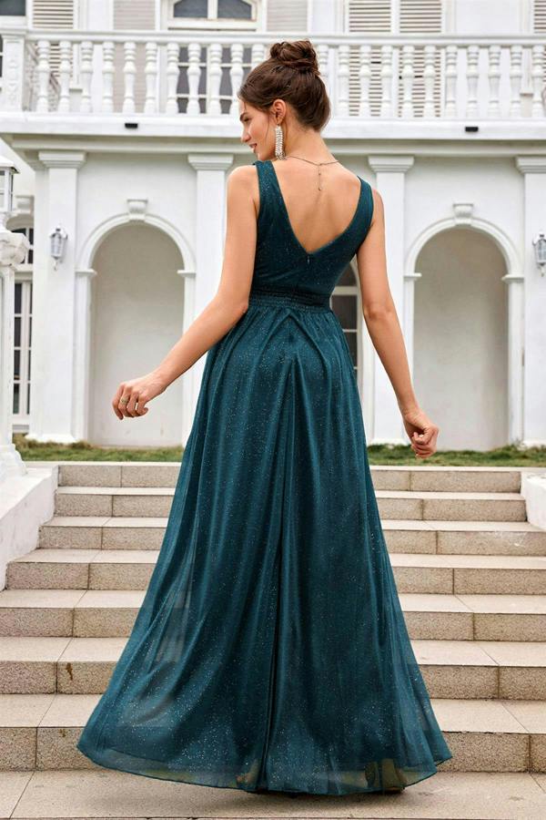 FS Collection Sparkly V Neck Bridesmaid Maxi Dress In Teal