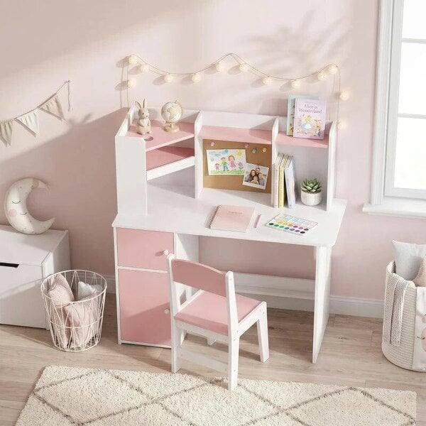 Kids Desk and Chair Set Storage Shelves Kids Desk Adjustable Tablet Stand Cork Board Pen Holder Pink