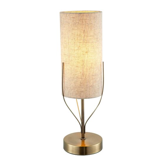Happy Homewares Sleek Antique Brass Metal Table Lamp with Cylindrical Linen Shade