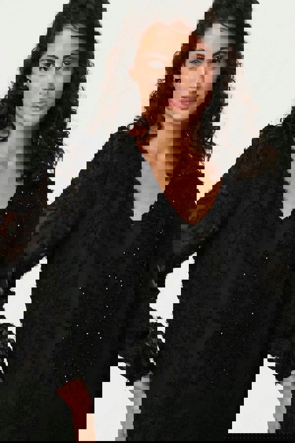 Black | Lace Embellished V-Neck Long Sleeve Top
