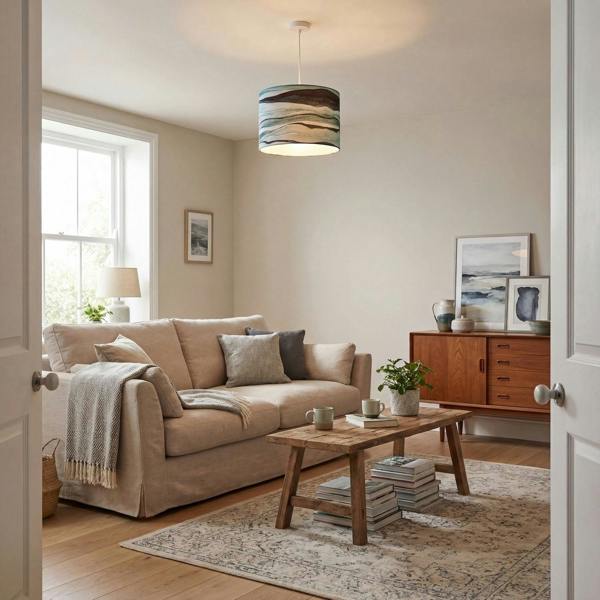 Sea Waves Drum Lamp Shade in Teal Duck Egg and Navy Blue - 30cm Linen Image 6