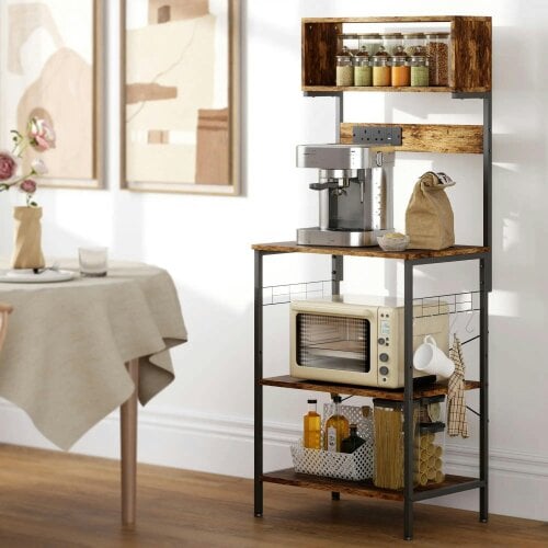 Bobobiy Bakers Rack with Power Outlet, Microwave Stand with Adjustable Shelves, 5 Hooks for Small Spaces, Rustic Brown