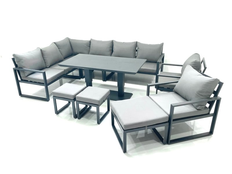 Fimous Aluminium Outdoor Garden Furniture Set Corner Sofa 2 Chair 3 Footstools Adjustable Rising Lifting Dining Table Sets Dark Grey