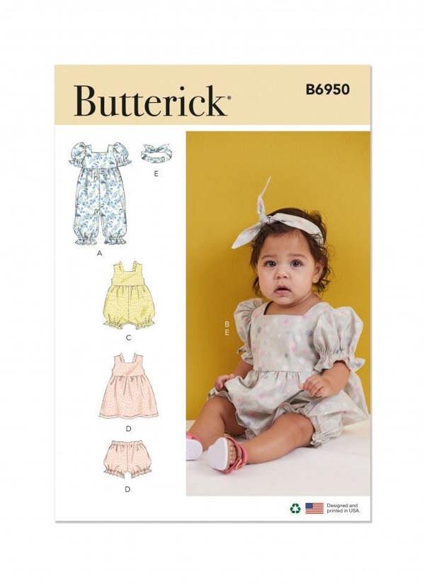 Butterick Sewing Pattern 6950, Dresses, Jumpsuits, Shorts, Headwear for Baby, A (XS-S-M-L) - Easy