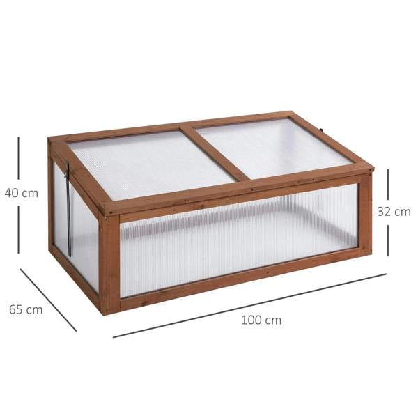 Wooden cold frame greenhouse with tilted open top cover and clear panels