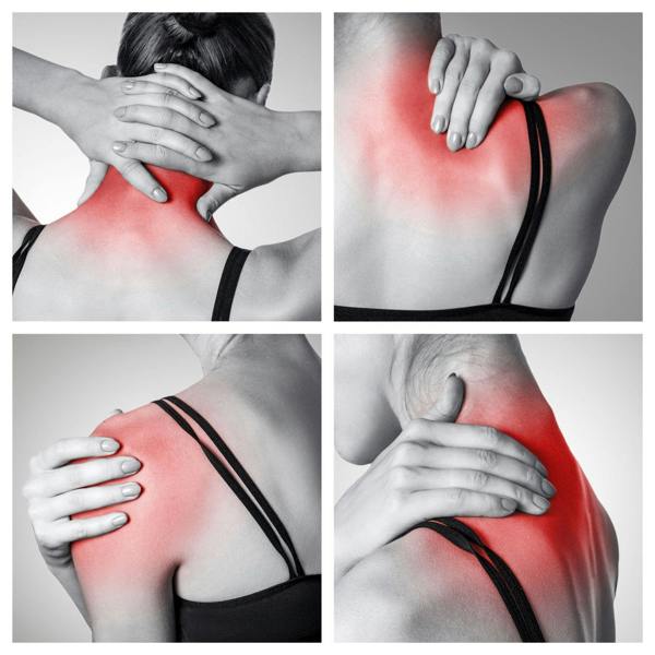 A collage of four images shows a woman holding her neck and shoulder with highlighted pain areas, suggesting discomfort that may benefit from using the Deep Tissue Sports Massage Gun for muscle recovery.