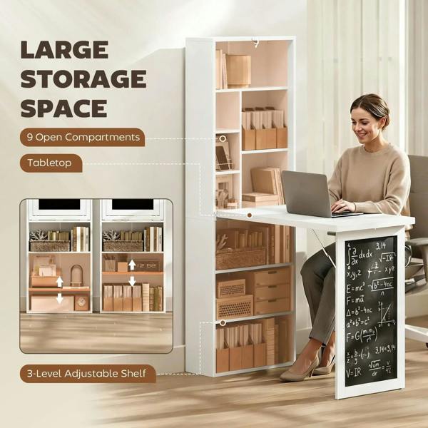 White fold-out work desk with open shelving and large table surface for working