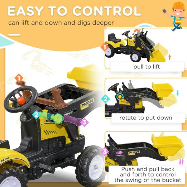 Yellow ride-on excavator go-kart with black steering wheel and pedal controls
