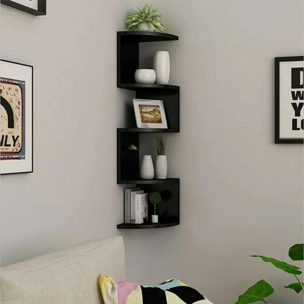 Havendro 5 Tier Black Floating Corner Shelves Wall Mount Wooden Storage
