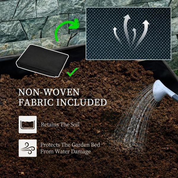 Grey raised garden bed with trellis and non-woven fabric liner over soil