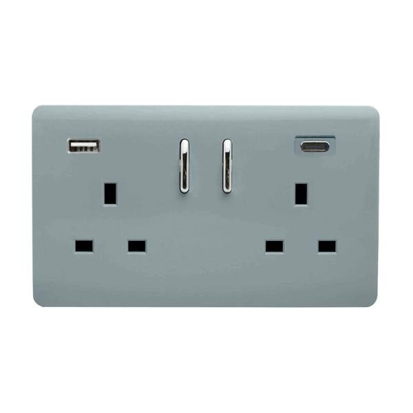 Trendi Switch 2 Gang USB 3100mA Type A & C USB Plug Socket in Cool Grey