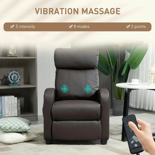 Dark brown massage recliner armchair with push-back backrest and side pocket