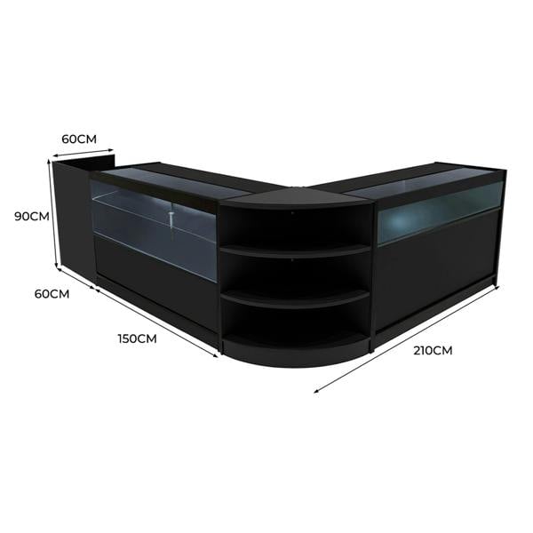 Black Europa LED Shop Counter Set featuring sleek glass displays, curved design, and ample storage, dimensions 210cm x 90cm x 60cm