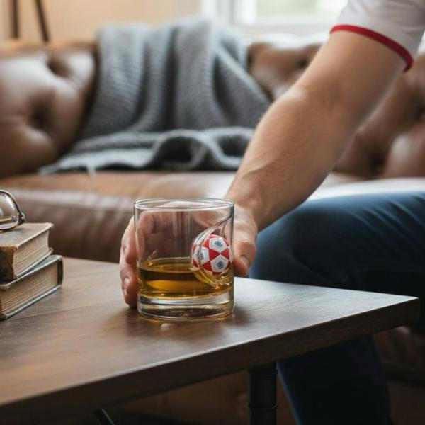 A man's hand holding a clear whisky glass on a wooden coffee table, featuring amber liquid and an integrated red and white football.