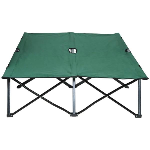 Green double camping cot bed with center support and adjustable hardware
