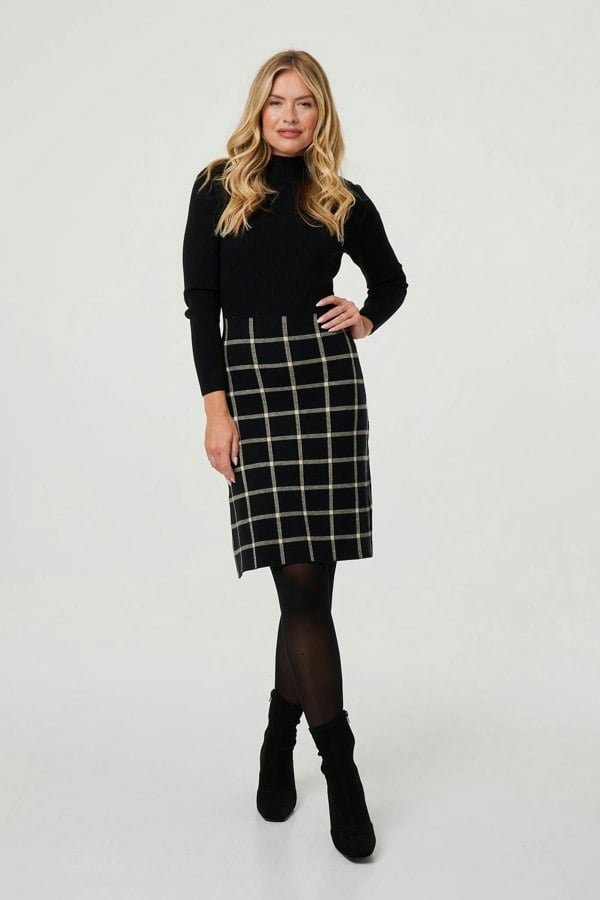 Black | Checked High Neck Knit Skater Midi Dress
