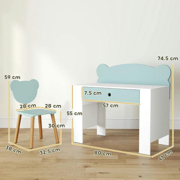 Kids Desk and Chair Set with Drawer for Drawing, Reading, Bear Theme Children Furniture for Bedroom, Daycare, Green