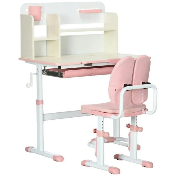 Kids pink height-adjustable desk and matching chair set with storage shelves and white frame