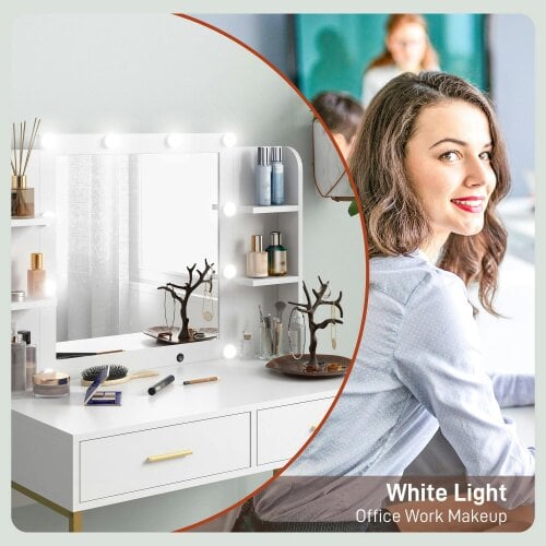 Wyld Haus Doraro White LED Dressing Table With Lighted Mirror Cushioned Stool Drawers And Shelves
