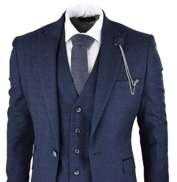 House of Cavani Mens 3 Piece Navy Blue Check Tweed Retro Classic Suit