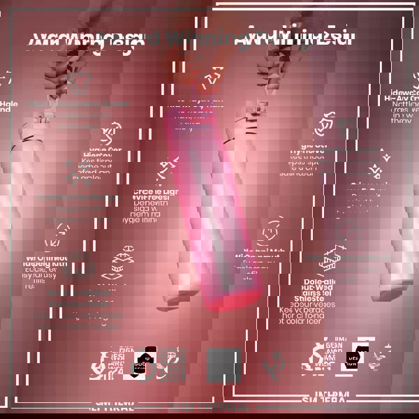 A pink, double-walled stainless steel water bottle is held by a hand. Its features include a hide-away carry handle, crevice-free design, hygiene cover, and wide opening mouth. It's an award-winning design.