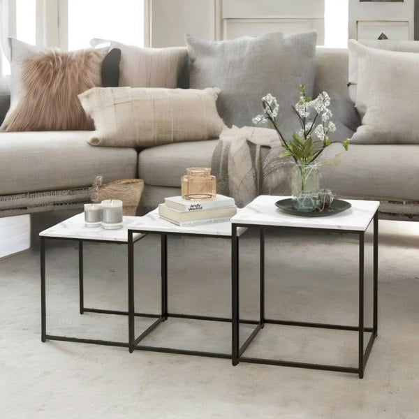Rafaelo Mobilia Set Of 3 Marbel Effect Square Nesting Tables White